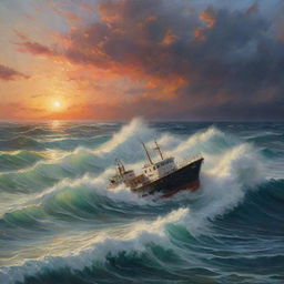 A painting-like depiction of a small ship caught in a sea storm at sunset. Strong waves and wild sea foam contrast with dramatic sunset hues, creating an intense juxtaposition of turmoil and tranquillity.