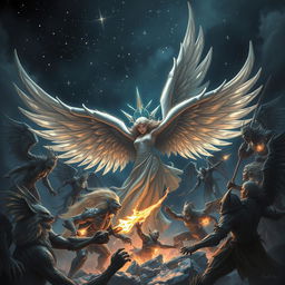 A dramatic and mystical scene depicting a fierce battle in a dark, cold night setting