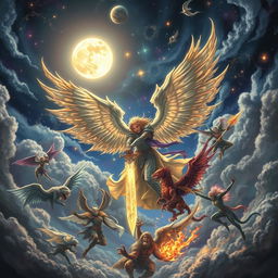 A mystical night scene featuring an epic battle between celestial beings, including a semi-god angel named Dellynn