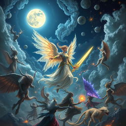 A mystical night scene featuring an epic battle between celestial beings, including a semi-god angel named Dellynn