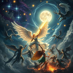 A mystical night scene featuring an epic battle between celestial beings, including a semi-god angel named Dellynn