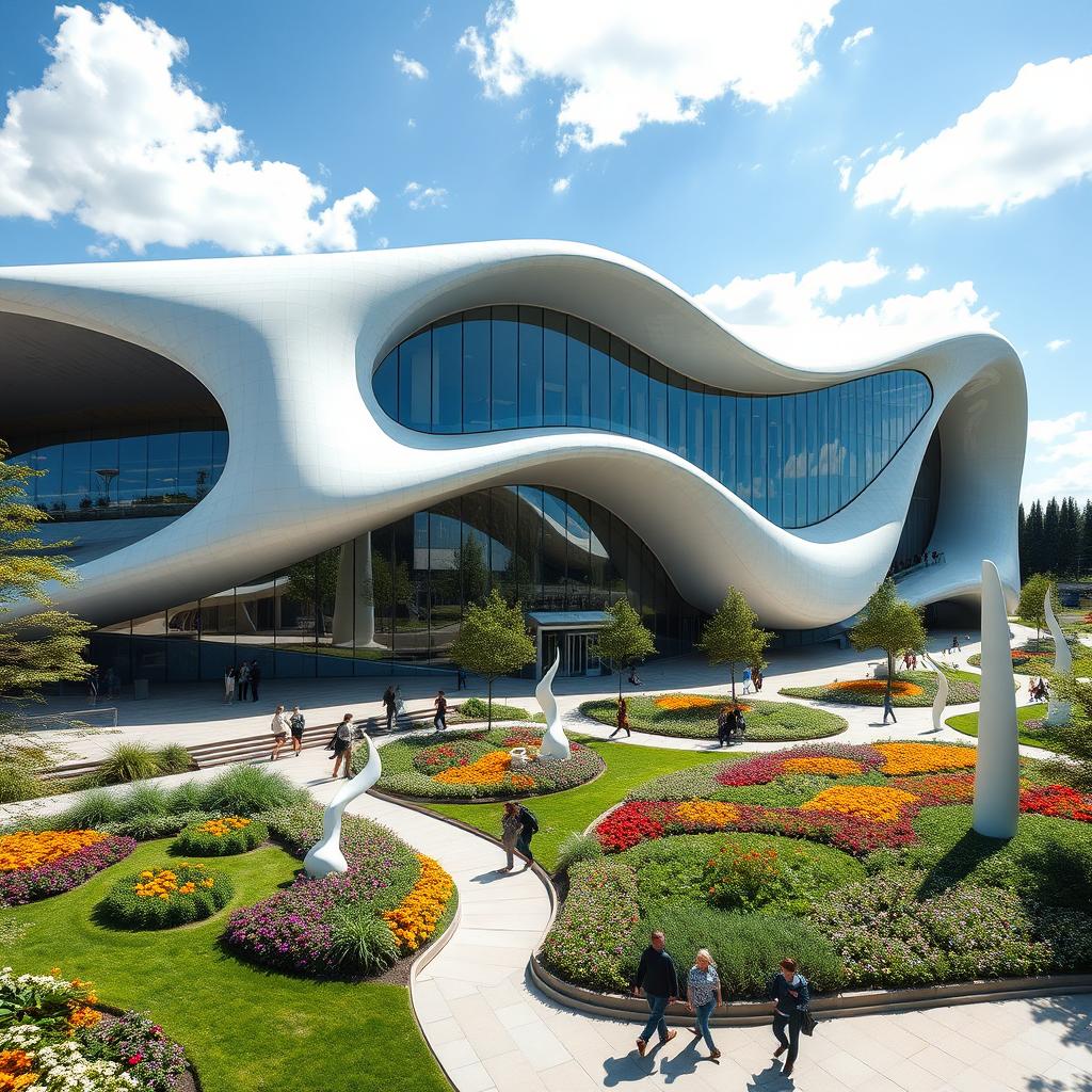 A stunning architectural center inspired by the innovative designs of Zaha Hadid, featuring flowing, organic shapes and futuristic elements