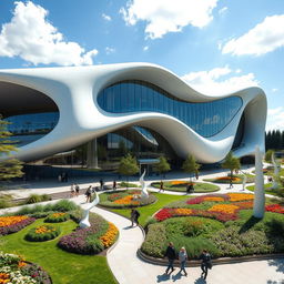 A stunning architectural center inspired by the innovative designs of Zaha Hadid, featuring flowing, organic shapes and futuristic elements