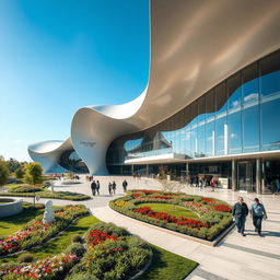 A stunning architectural center inspired by the innovative designs of Zaha Hadid, featuring flowing, organic shapes and futuristic elements