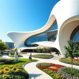 A stunning architectural center inspired by the innovative designs of Zaha Hadid, featuring flowing, organic shapes and futuristic elements