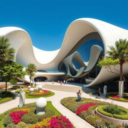 A stunning architectural center inspired by the innovative designs of Zaha Hadid, featuring flowing, organic shapes and futuristic elements