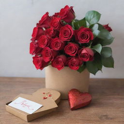 A romantic Valentine's Day scene with a heart-shaped box of chocolates, a bouquet of red roses, and a handwritten love note.