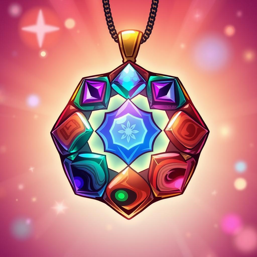 A vibrant cartoon-style illustration of the Elemental Resonance Talisman, a beautifully crafted pendant made from a blend of elemental crystals