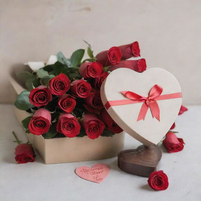 A romantic Valentine's Day scene with a heart-shaped box of chocolates, a bouquet of red roses, and a handwritten love note.