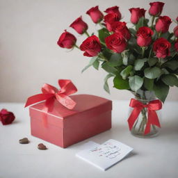 A romantic Valentine's Day scene with a heart-shaped box of chocolates, a bouquet of red roses, and a handwritten love note.