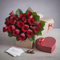 A romantic Valentine's Day scene with a heart-shaped box of chocolates, a bouquet of red roses, and a handwritten love note.