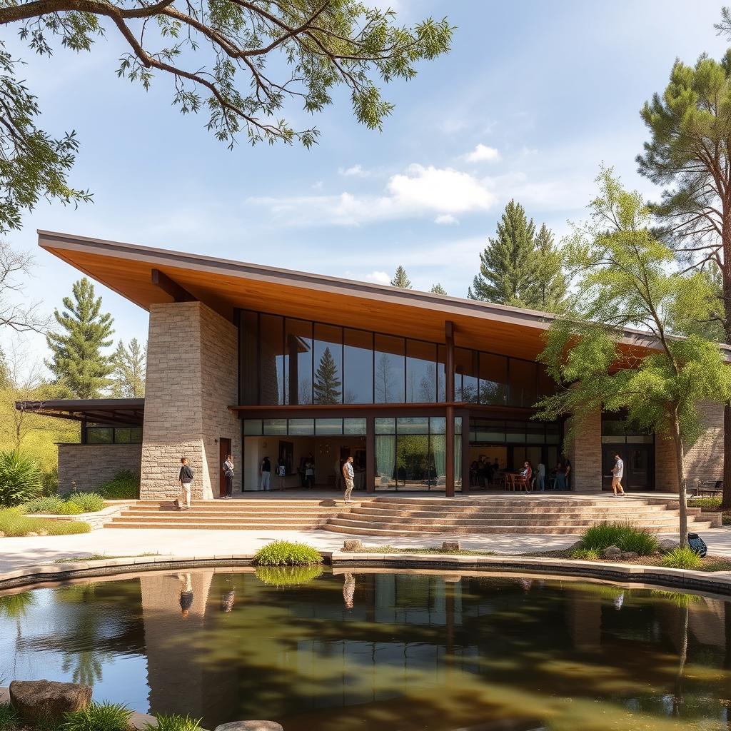 A beautifully designed cultural center inspired by the principles of Frank Lloyd Wright, emphasizing harmony with nature, organic architecture, and geometric forms