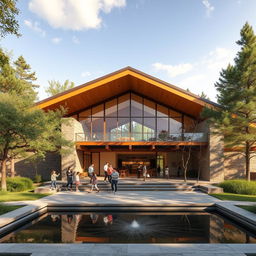 A beautifully designed cultural center inspired by the principles of Frank Lloyd Wright, emphasizing harmony with nature, organic architecture, and geometric forms