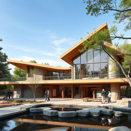 A beautifully designed cultural center inspired by the principles of Frank Lloyd Wright, emphasizing harmony with nature, organic architecture, and geometric forms