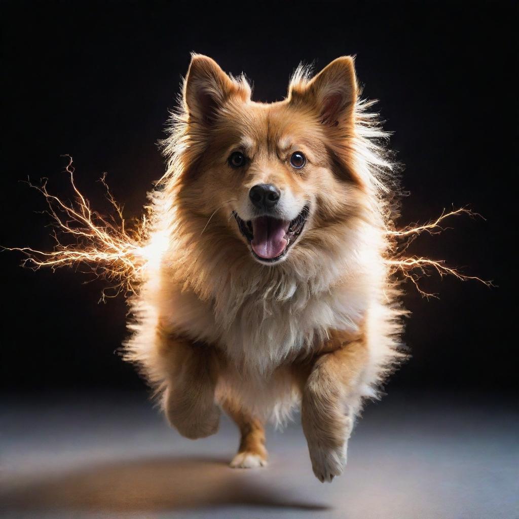 A dynamic dog showcasing its incredible electric power, with its fur sparking with energy and eyes glowing with electricity