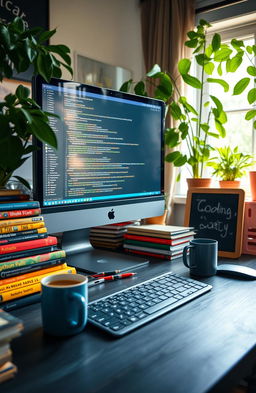 Exploring a vibrant workspace with a computer screen displaying Python code, colorful Python programming books scattered around, a cozy home office ambiance, a coffee mug next to the keyboard, soft natural light streaming through a window, lush green plants in the background, and a small chalkboard with programming concepts written on it