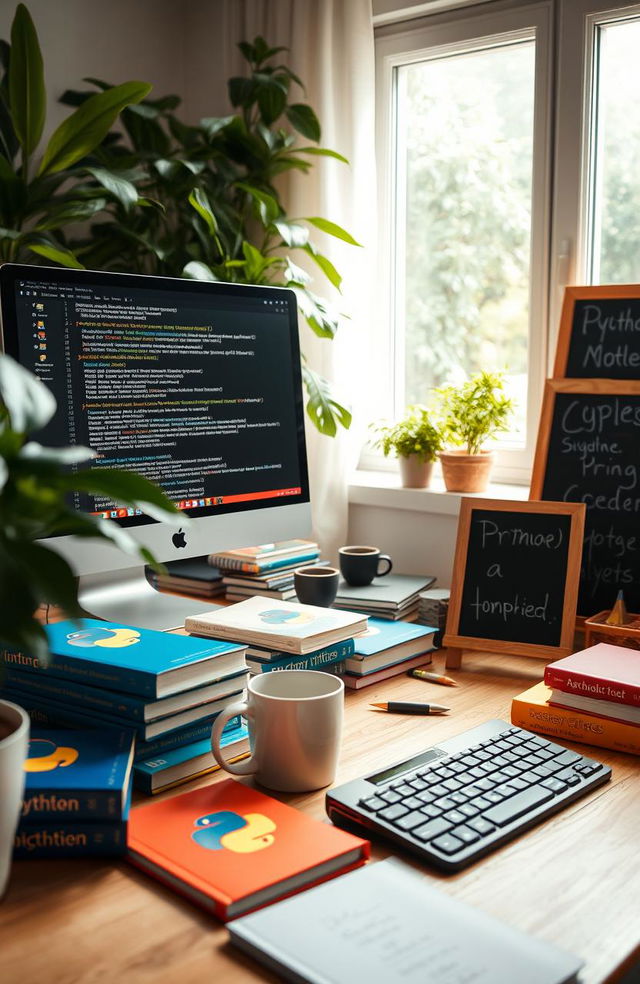 Exploring a vibrant workspace with a computer screen displaying Python code, colorful Python programming books scattered around, a cozy home office ambiance, a coffee mug next to the keyboard, soft natural light streaming through a window, lush green plants in the background, and a small chalkboard with programming concepts written on it