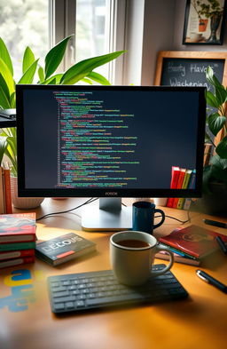 Exploring a vibrant workspace with a computer screen displaying Python code, colorful Python programming books scattered around, a cozy home office ambiance, a coffee mug next to the keyboard, soft natural light streaming through a window, lush green plants in the background, and a small chalkboard with programming concepts written on it