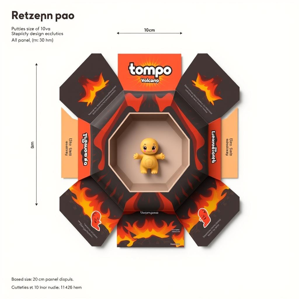 Flat design layout for hexagonal packaging for a toy called 'trompo', structured to resemble a volcano