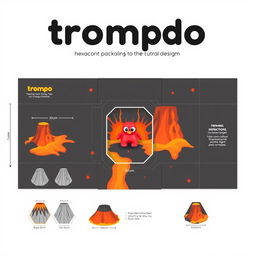 Flat design layout for hexagonal packaging for a toy called 'trompo', structured to resemble a volcano