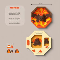 Flat design layout for hexagonal packaging for a toy called 'trompo', structured to resemble a volcano