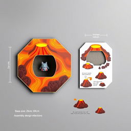 Flat design layout for hexagonal packaging for a toy called 'trompo', structured to resemble a volcano