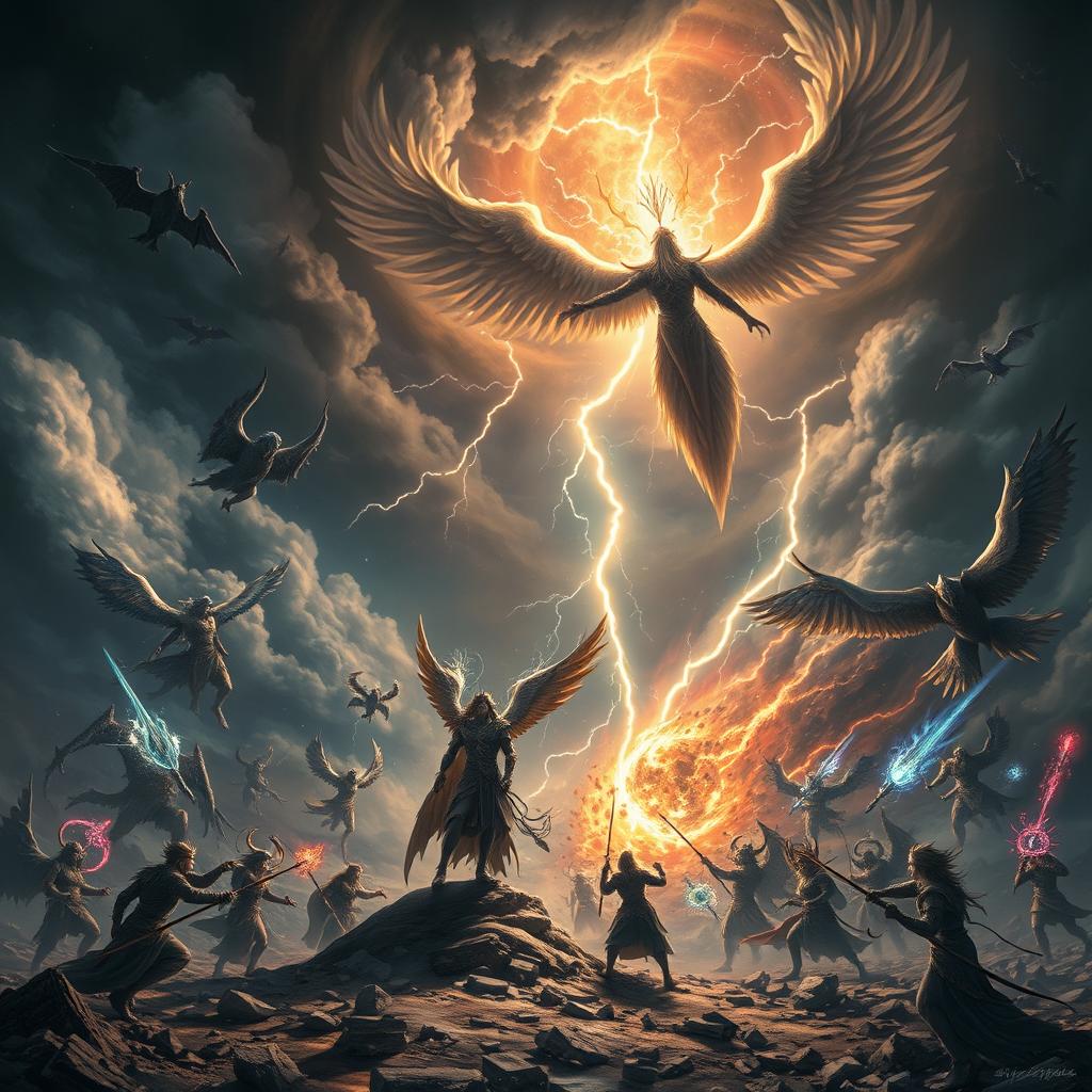 A dramatic and dark fantasy scene depicting a celestial battlefield, where gods, demigods, and mystical creatures gather for an epic confrontation