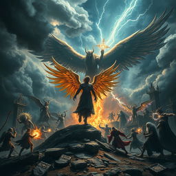 A dramatic and dark fantasy scene depicting a celestial battlefield, where gods, demigods, and mystical creatures gather for an epic confrontation