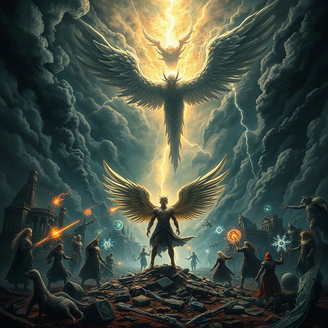 A dramatic and dark fantasy scene depicting a celestial battlefield, where gods, demigods, and mystical creatures gather for an epic confrontation