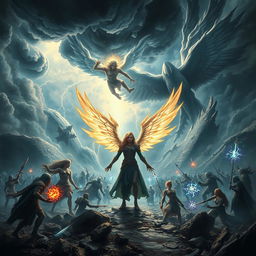 A dramatic and dark fantasy scene depicting a celestial battlefield, where gods, demigods, and mystical creatures gather for an epic confrontation