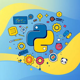 A creative and colorful illustration featuring the Python logo at the center, surrounded by various visual elements representing programming concepts like code snippets, gears, and colorful icons of popular libraries like NumPy and Pandas