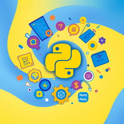 A creative and colorful illustration featuring the Python logo at the center, surrounded by various visual elements representing programming concepts like code snippets, gears, and colorful icons of popular libraries like NumPy and Pandas