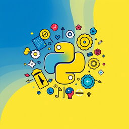 A creative and colorful illustration featuring the Python logo at the center, surrounded by various visual elements representing programming concepts like code snippets, gears, and colorful icons of popular libraries like NumPy and Pandas