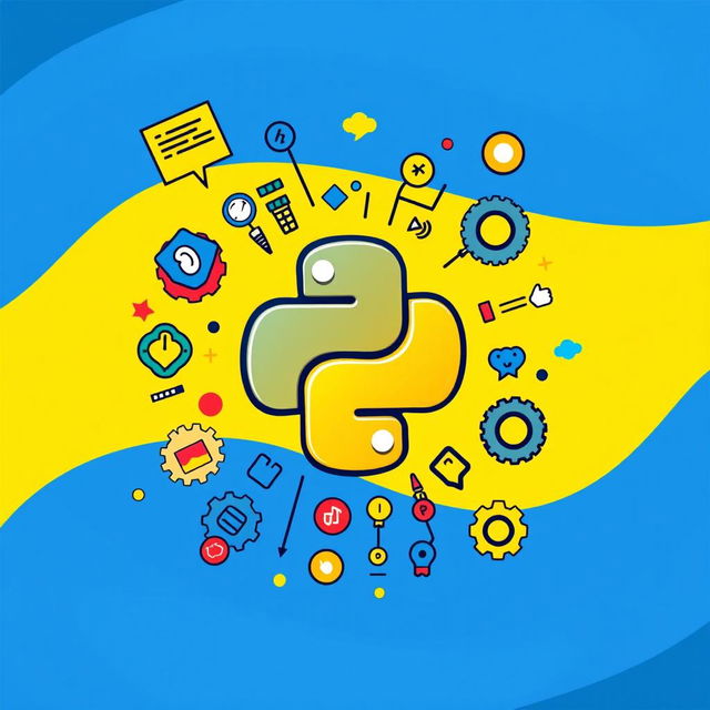 A creative and colorful illustration featuring the Python logo at the center, surrounded by various visual elements representing programming concepts like code snippets, gears, and colorful icons of popular libraries like NumPy and Pandas