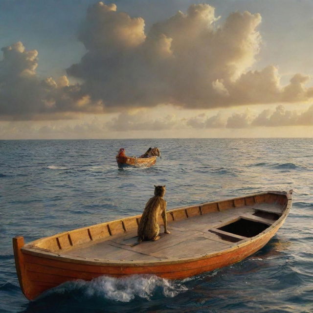 A scene from 'Life of Pi'. Pi Patel and a Bengal tiger named Richard Parker are adrift in the Pacific on a lifeboat. The vast ocean surrounds them, reflecting a star-studded sky, encapsulating the struggle and beauty of survival.