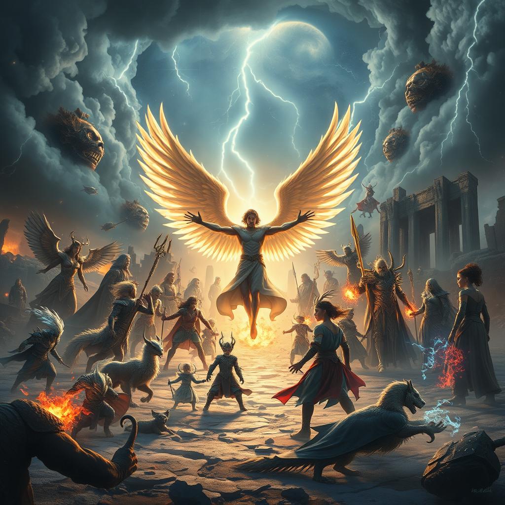 A breathtaking scene depicting a celestial battle set in a dystopian Earth during a cold night