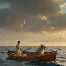 A scene from 'Life of Pi'. Pi Patel and a Bengal tiger named Richard Parker are adrift in the Pacific on a lifeboat. The vast ocean surrounds them, reflecting a star-studded sky, encapsulating the struggle and beauty of survival.