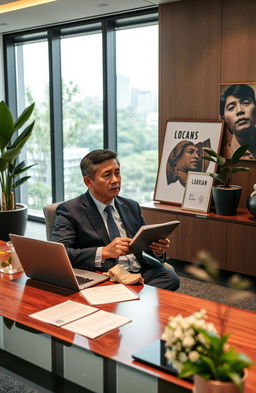 A professional Indonesian consultant in an elegant office setting, seated at a sleek wooden desk adorned with a laptop and paperwork