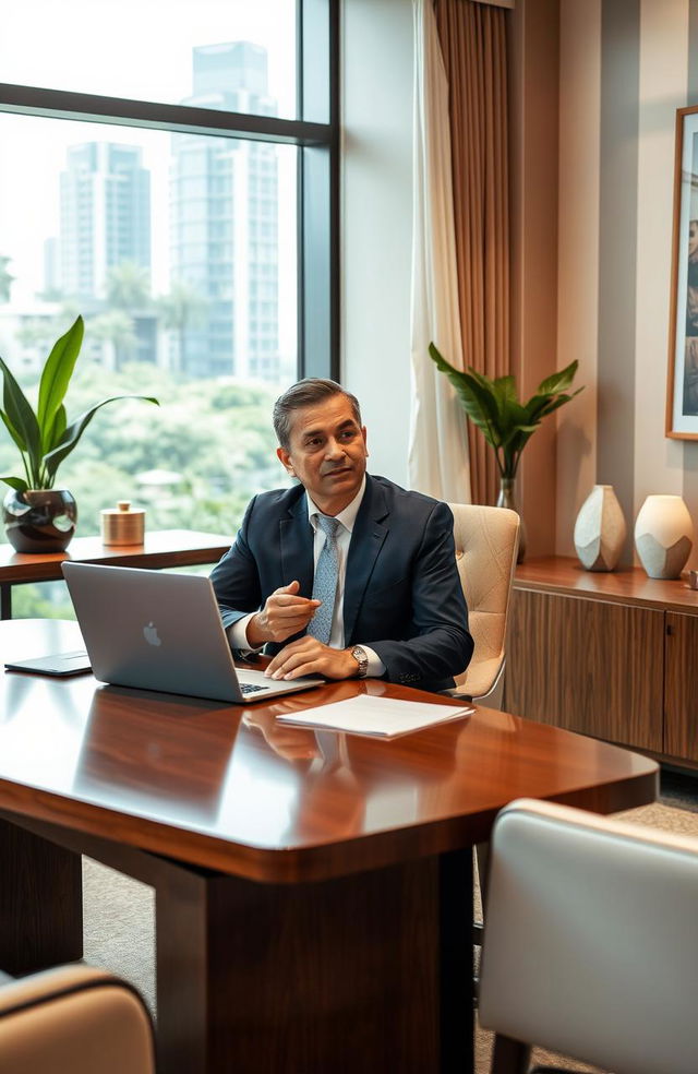 A professional Indonesian consultant in an elegant office setting, seated at a sleek wooden desk adorned with a laptop and paperwork