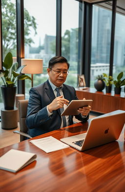 A professional Indonesian consultant in an elegant office setting, seated at a sleek wooden desk adorned with a laptop and paperwork