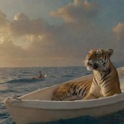 A scene from 'Life of Pi'. Pi Patel and a Bengal tiger named Richard Parker are adrift in the Pacific on a lifeboat. The vast ocean surrounds them, reflecting a star-studded sky, encapsulating the struggle and beauty of survival.