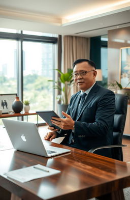 A professional Indonesian consultant in an elegant office setting, seated at a sleek wooden desk adorned with a laptop and paperwork