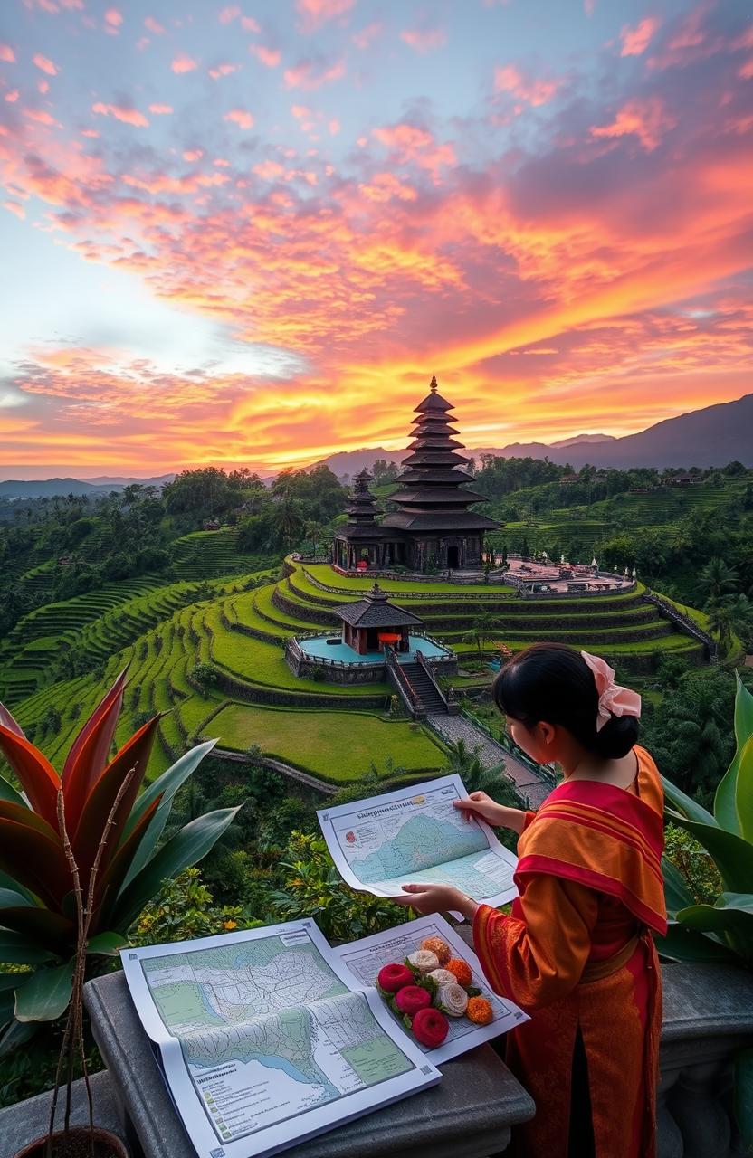 A serene landscape showcasing Indonesia's stunning beauty, featuring lush green rice terraces, traditional Balinese architecture, and a vibrant sunset sky filled with rich oranges, pinks, and purples