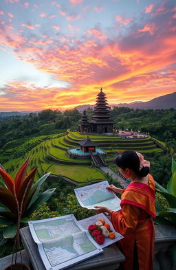 A serene landscape showcasing Indonesia's stunning beauty, featuring lush green rice terraces, traditional Balinese architecture, and a vibrant sunset sky filled with rich oranges, pinks, and purples