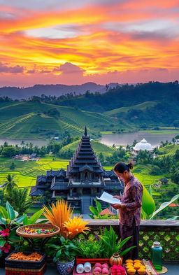 A serene landscape showcasing Indonesia's stunning beauty, featuring lush green rice terraces, traditional Balinese architecture, and a vibrant sunset sky filled with rich oranges, pinks, and purples