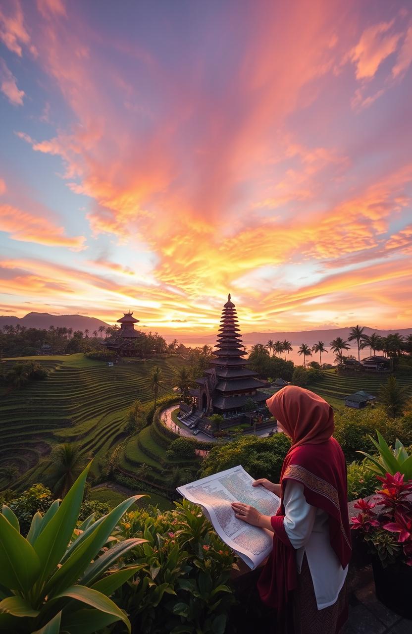 A serene landscape showcasing Indonesia's stunning beauty, featuring lush green rice terraces, traditional Balinese architecture, and a vibrant sunset sky filled with rich oranges, pinks, and purples