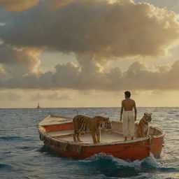 A scene from 'Life of Pi'. Pi Patel and a Bengal tiger named Richard Parker are adrift in the Pacific on a lifeboat. The vast ocean surrounds them, reflecting a star-studded sky, encapsulating the struggle and beauty of survival.