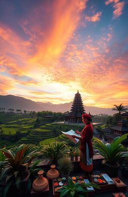 A serene landscape showcasing Indonesia's stunning beauty, featuring lush green rice terraces, traditional Balinese architecture, and a vibrant sunset sky filled with rich oranges, pinks, and purples