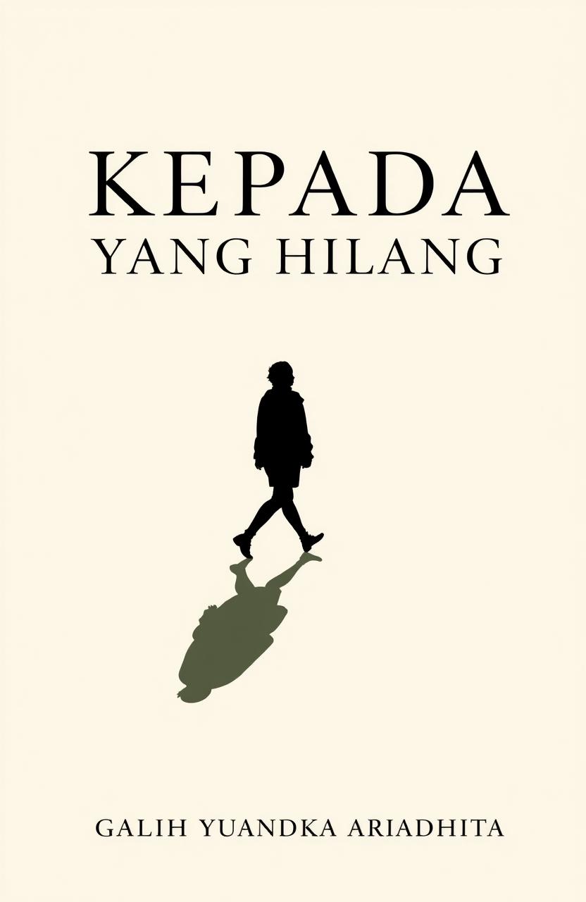 A minimalist and classic novel cover titled 'KEPADA YANG HILANG', featuring a silhouette of a person walking, accompanied by their shadow