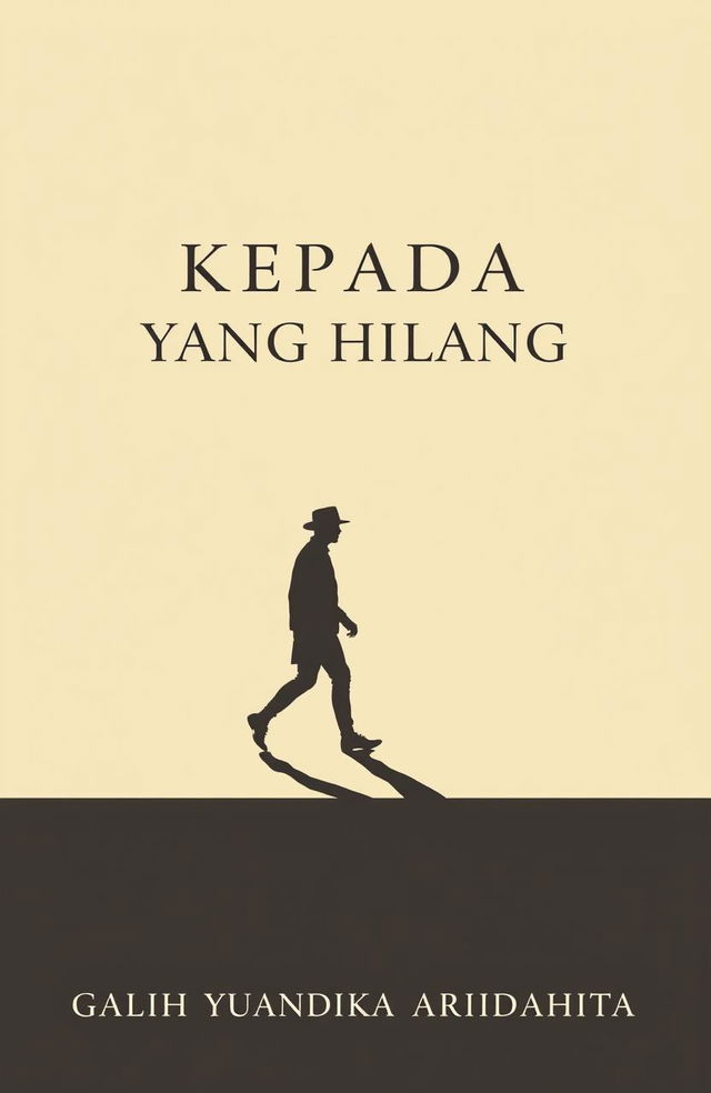 A minimalist and classic novel cover titled 'KEPADA YANG HILANG', featuring a silhouette of a person walking, accompanied by their shadow